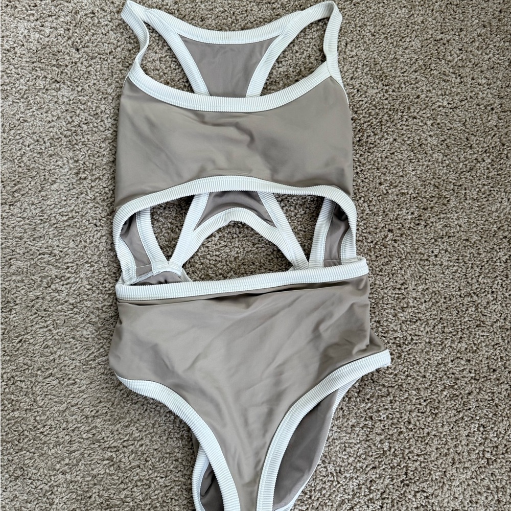 Aerie Gray and White Women Swim One Piece